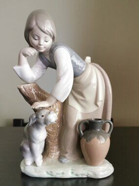 LLADRO "Caress and Rest" Girl Petting Dog, Porcelain Figurine #12, MINT